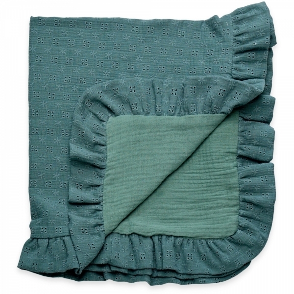 Paturica din muselina dublata cu broderie, 80 x 80cm, verde inchis