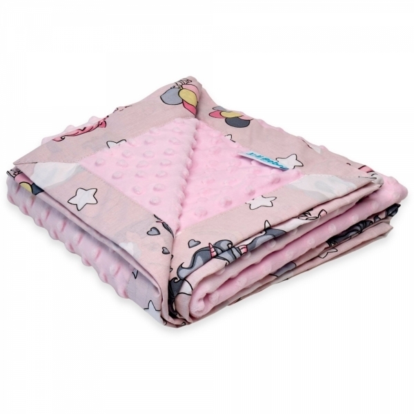 Paturica cu 2 fete din plus minky si bumbac, 100x100 cm, unicorni cu roz