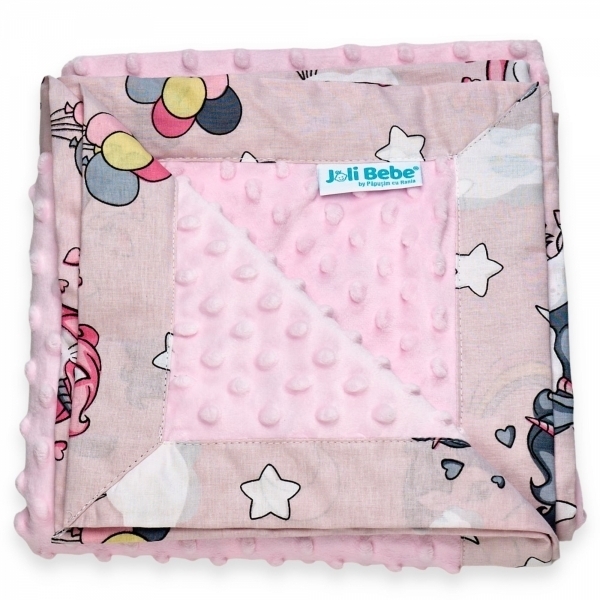 Paturica cu 2 fete din plus minky si bumbac, 100x100 cm, unicorni cu roz