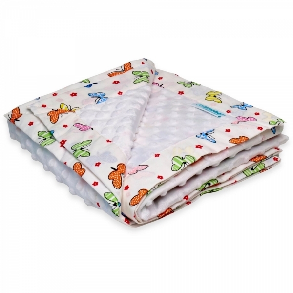 Paturica cu 2 fete din plus minky si bumbac, 100x100 cm, fluturi cu alb