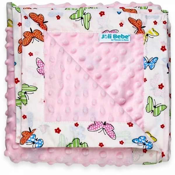 Paturica cu 2 fete din plus minky si bumbac, 100 x 100cm, fluturi cu roz