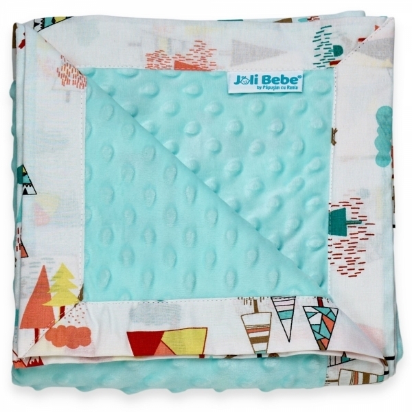 Paturica cu 2 fete din plus minky si bumbac, 100 x 100cm, munti cu fistic