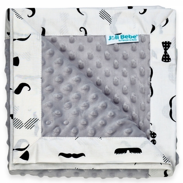 Paturica cu 2 fete din plus minky si bumbac, 100 x 100cm, mustacios cu gri