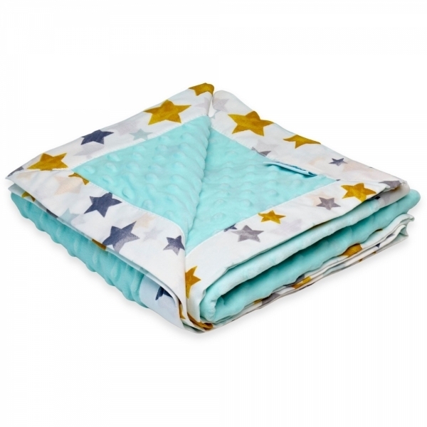 Paturica cu 2 fete din plus minky si bumbac, 100 x 100cm, stele cu fistic