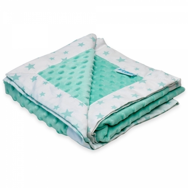 Paturica cu 2 fete din plus minky si bumbac, 100 x 100cm, stele cu menta