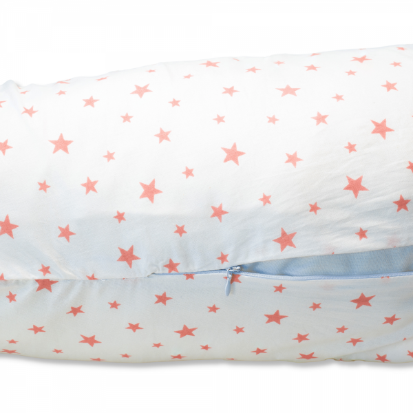Perna pentru gravide tip cornulet 3 in 1 din bumbac, alb cu stelute roz