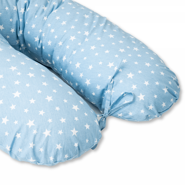 Perna pentru gravide tip cornulet 3 in 1 din bumbac, albastra cu stelute