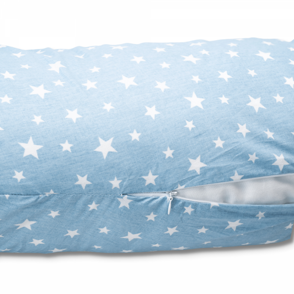 Perna pentru gravide tip cornulet 3 in 1 din bumbac, albastra cu stelute