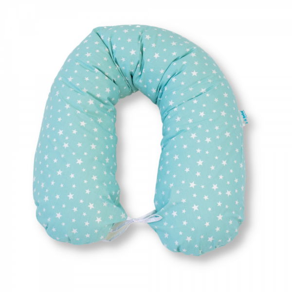 Perna pentru gravide tip cornulet 3 in 1 din bumbac, turcoaz cu stele