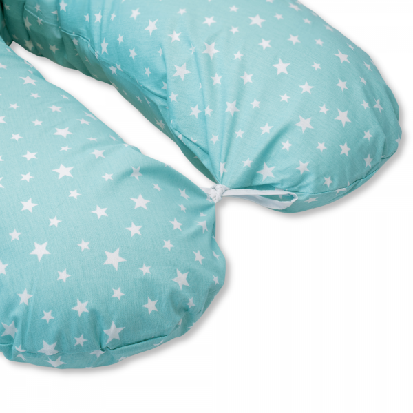 Perna pentru gravide tip cornulet 3 in 1 din bumbac, turcoaz cu stele
