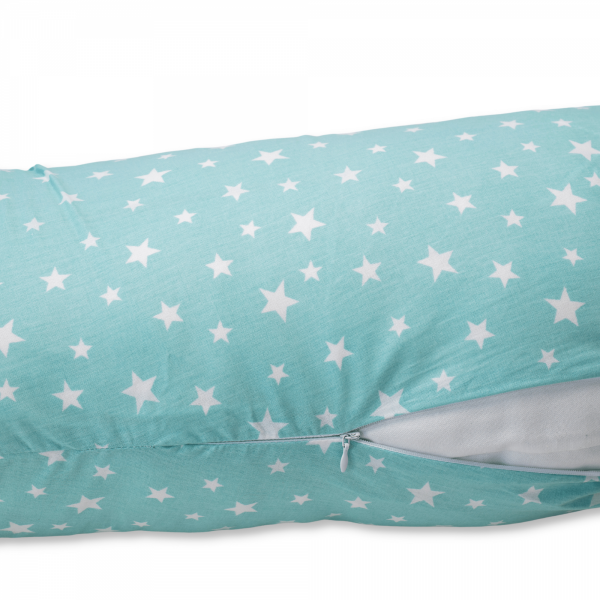 Perna pentru gravide tip cornulet 3 in 1 din bumbac, turcoaz cu stele