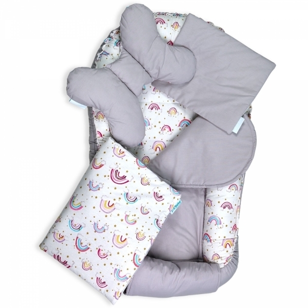 Set 5 piese Baby Nest din Bumbac, curcubeu 2 cu gri
