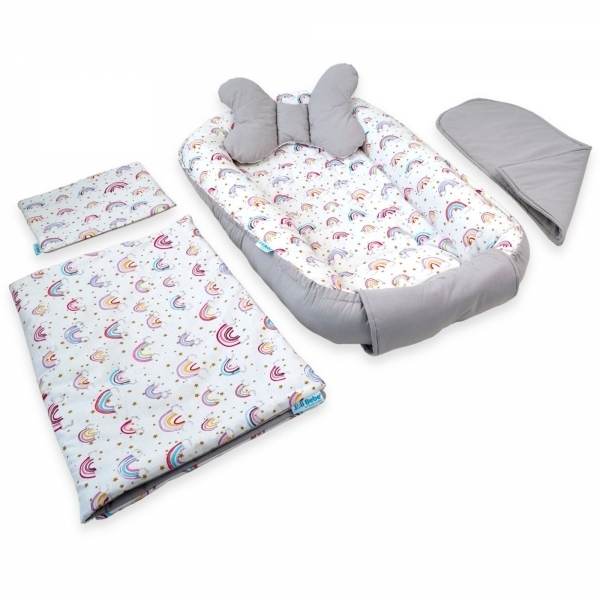 Set 5 piese Baby Nest din Bumbac, curcubeu 2 cu gri