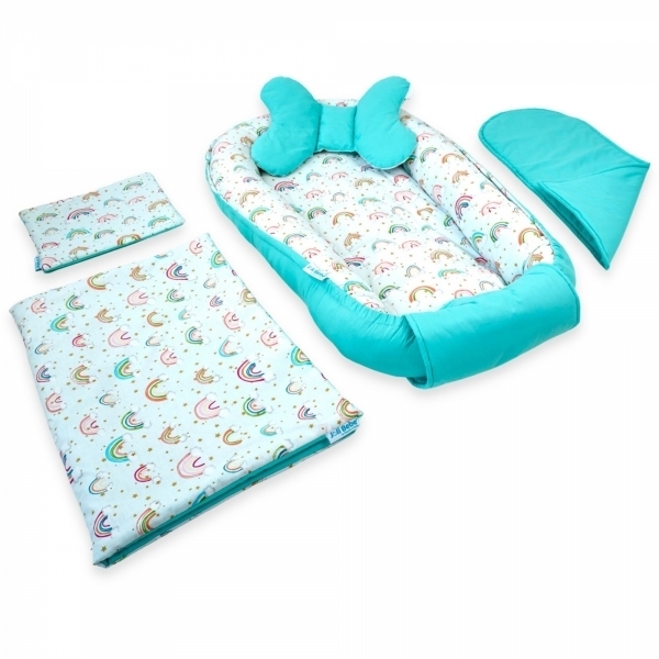 Set 5 piese Baby Nest din Bumbac, curcubeu cu turcoaz