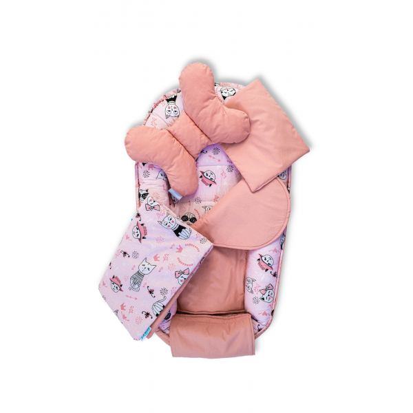 Set 5 piese Baby Nest din Bumbac, model pisici roz