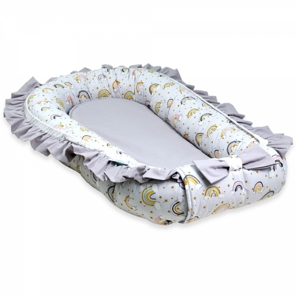 Set 5 piese Baby Nest Premium din Bumbac, curcubeu cu gri