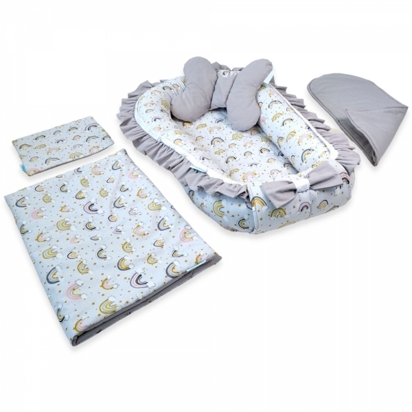 Set 5 piese Baby Nest Premium din Bumbac, curcubeu cu gri