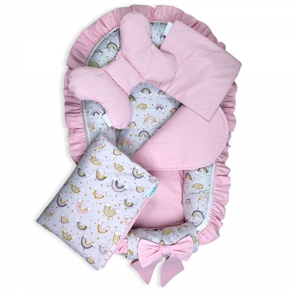 Set 5 piese Baby Nest Premium din Bumbac, curcubeu cu roz deschis