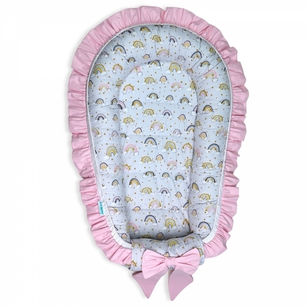 Set 5 piese Baby Nest Premium din Bumbac, curcubeu cu roz deschis