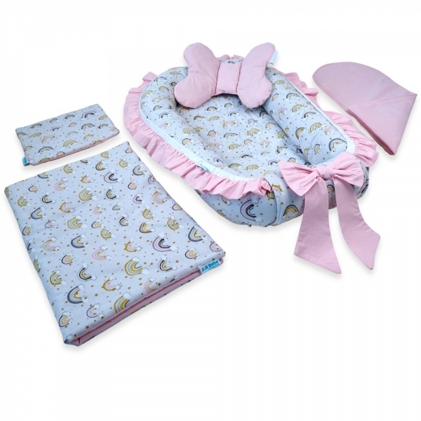 Set 5 piese Baby Nest Premium din Bumbac, curcubeu cu roz deschis