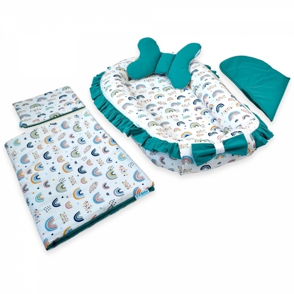 Set 5 piese Baby Nest Premium din Bumbac, curcubeu cu turcoaz