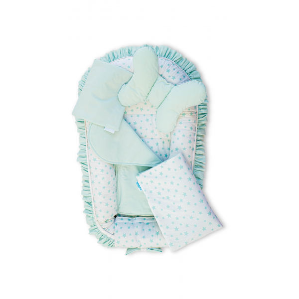 Set 5 piese Baby Nest Premium din Bumbac, model fundita menta