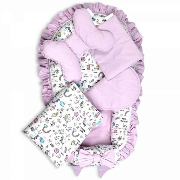 Set 5 piese Baby Nest Premium din Bumbac, unicorn cu roz deschis