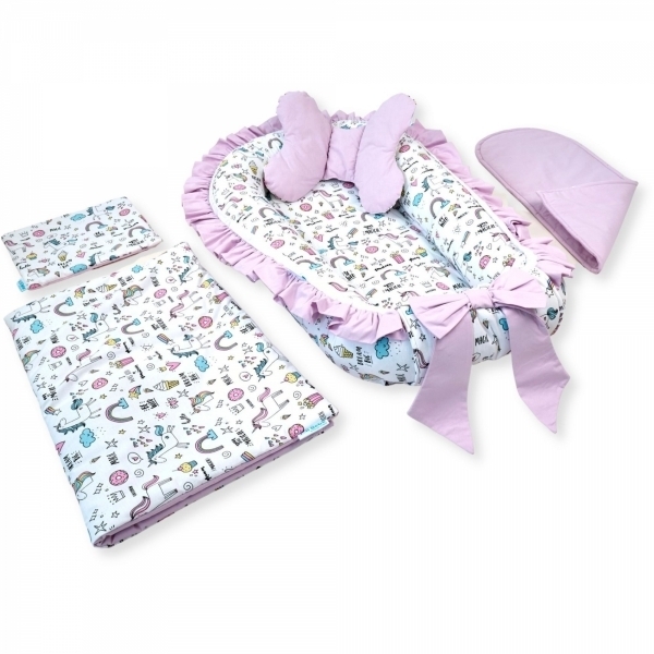 Set 5 piese Baby Nest Premium din Bumbac, unicorn cu roz deschis