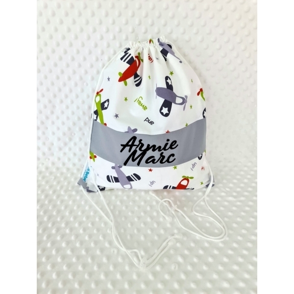 Saculet gradinita personalizat cu nume din Bumbac 40cm x 30cm, avioane