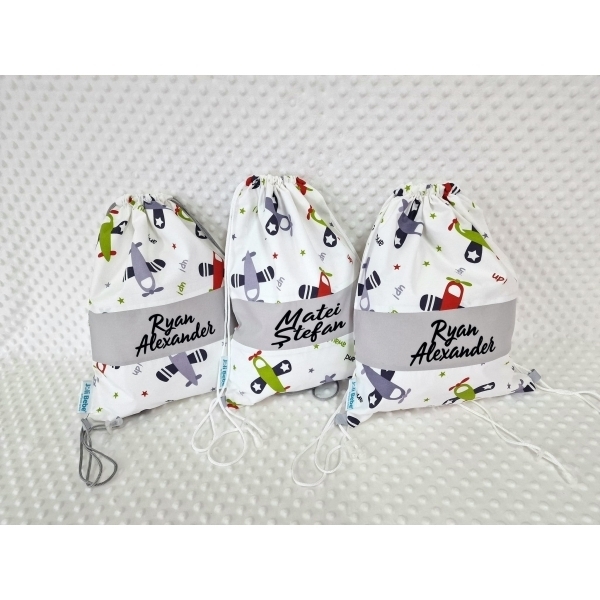 Saculet gradinita personalizat cu nume din Bumbac 40cm x 30cm, avioane