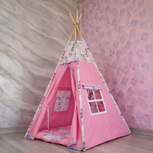 Cortulet de joaca Teepee 105 x 105cm cu salteluta, roz cu mov si unicorni