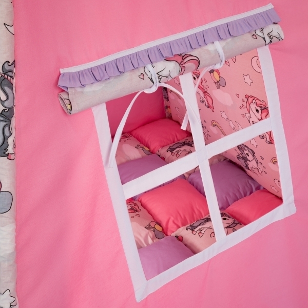 Cortulet de joaca Teepee 105 x 105cm cu salteluta, roz cu mov si unicorni