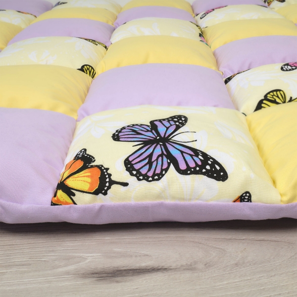 Saltea de joaca premium patchwork, 140 x 140 cm, galben cu lila si fluturi