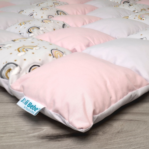 Saltea de joaca premium patchwork, 140 x 140 cm, roz pudra cu lila si curcubee