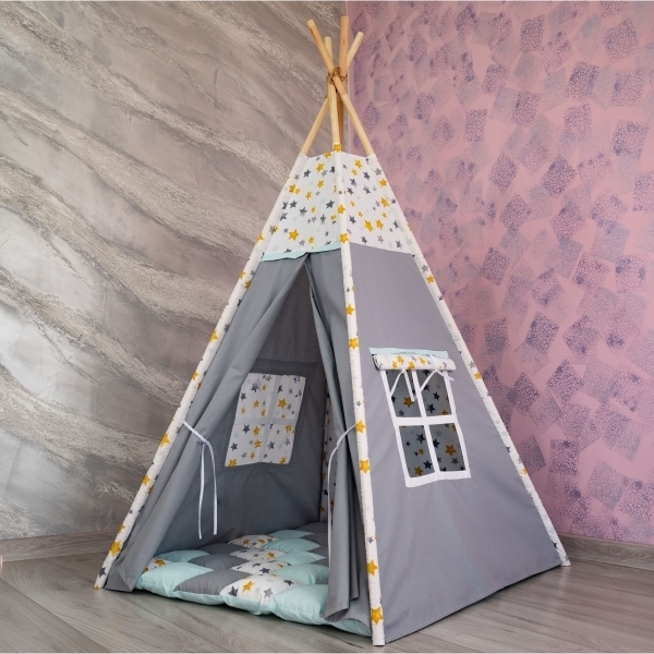 Cort de joaca Teepee, gri cu fistic si stele