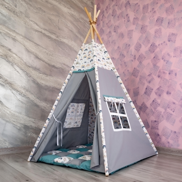 Cort de joaca Teepee, gri cu turcoaz si curcubeu