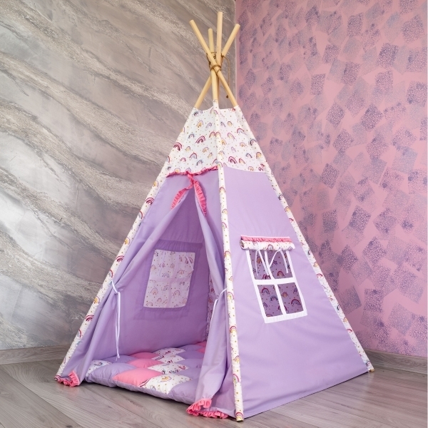 Cort de joaca Teepee, mov cu roz si curcubeu
