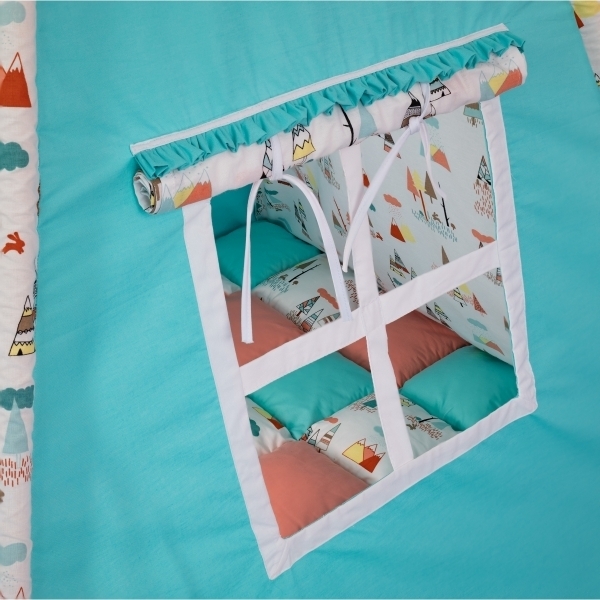 Cort de joaca Teepee, portocaliu pudra cu turcoaz si brazi