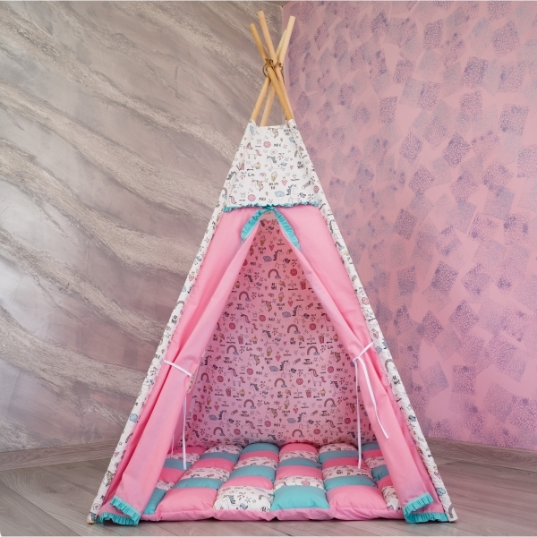 Cort de joaca Teepee, roz cu turcoaz...