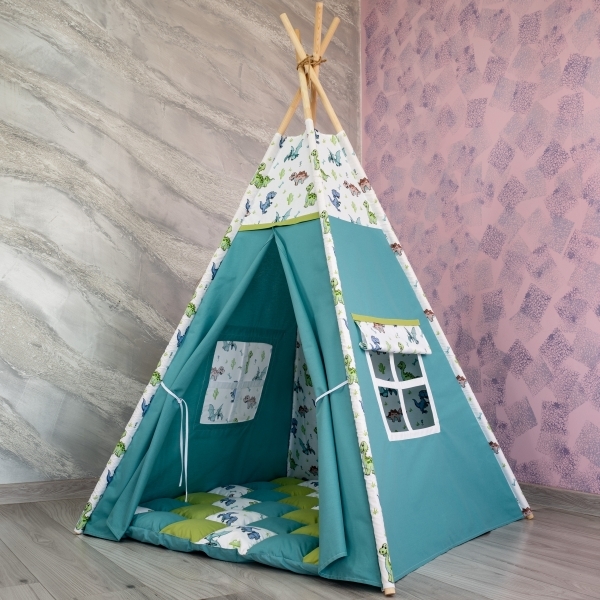 Cort de joaca Teepee, verde cu turcoaz si dinozauri